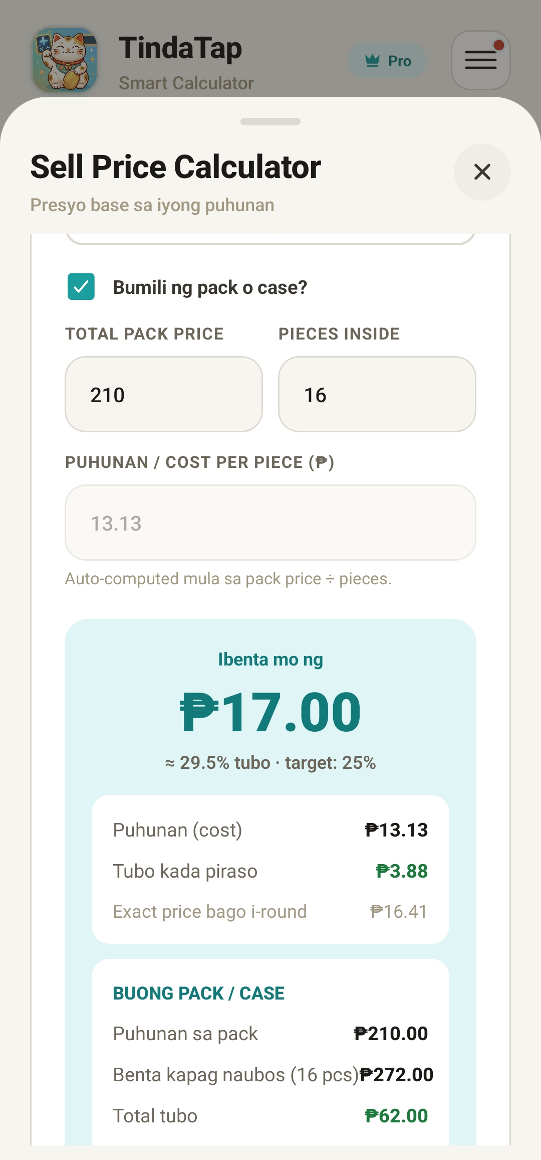 Markup calculator showing cost, markup and selling price