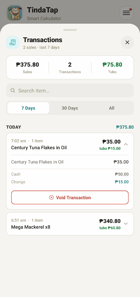 Sales log listing every recorded transaction